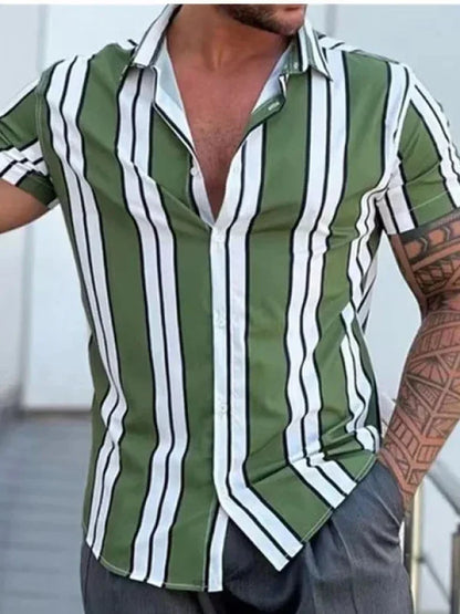 sanyamk Fashion Shirt Striped Print Summer Business Casual Short-Sleeved Tees Tops Mens Blouse Hawaiian Shirts Oversized Men's Clothing