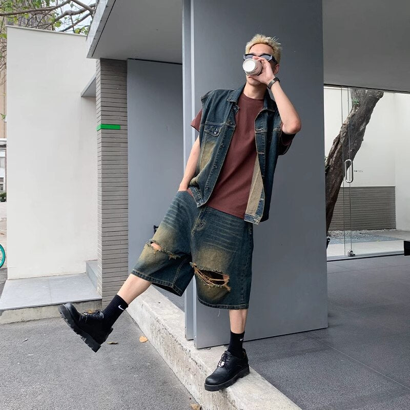 Bonsir New Ripped Baggy Jorts And Denim Jackets Vest For Men Women Summer Big Boy Jeans Shorts Retro Streetwear Fifth Pants