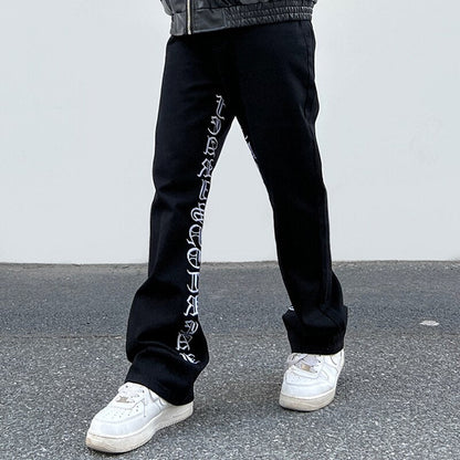 sanyamk High Street Sanskrit Embroidered Flared Jeans Men and Women Vibe Style Loose Straight Casual Denim Trousers Retro Baggy Pants