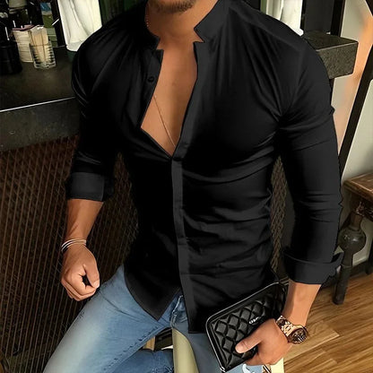 sanyamk Muscle Men's Long Sleeved Shirt Spring Summer Stand Collar Casual Top Fashion Solid Color Sweat-absorbing Breathable Shirts Male