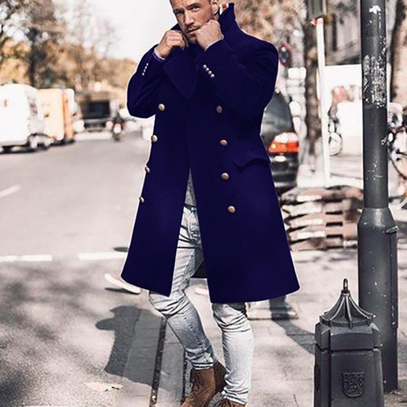 Bonsir Vintage Double Breasted Turn-down Collar Fleece Overcoats Mens Fashion Solid Long Sleeve Coats Autumn Winter Mens Long Jackets