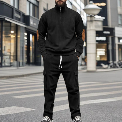 sanyamk  -  Vintage Patchwork Corduroy Outfits Mens Long Sleeve Stand Collar Sweatshirts And Pants Two Piece Sets Men Clothing Casual Suits