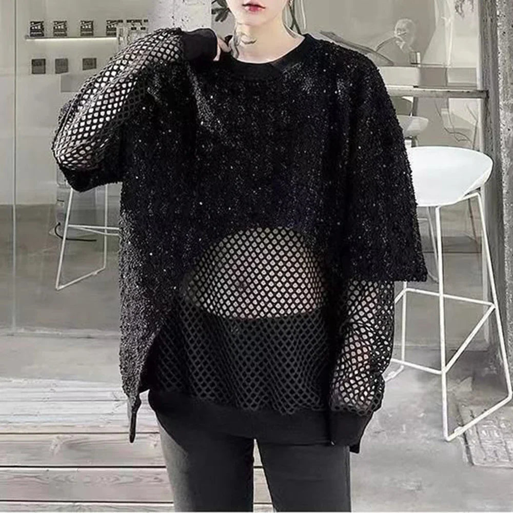 sanyamk Mens y2k sequin mesh stitching see-through sexy long-sleeved T-shirt autumn genderless nightclub fashion trend long top unisex