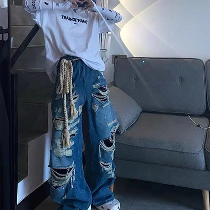 sanyamk Y2K Emo Vintage Streetwear Harajuku Ripped Baggy Gothic Pants Hip Hop Punk Fairy Grunge Jeans for Men Denim Trousers Alt Clothes