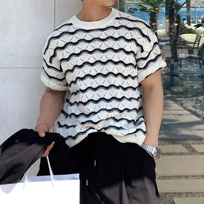 sanyamk Trendy Striped Jacquard Mens T Shirts Knitted O Neck Short Sleeve Hollow Out Knit T-shirts Summer Fashion Slim Men Knitted Tees