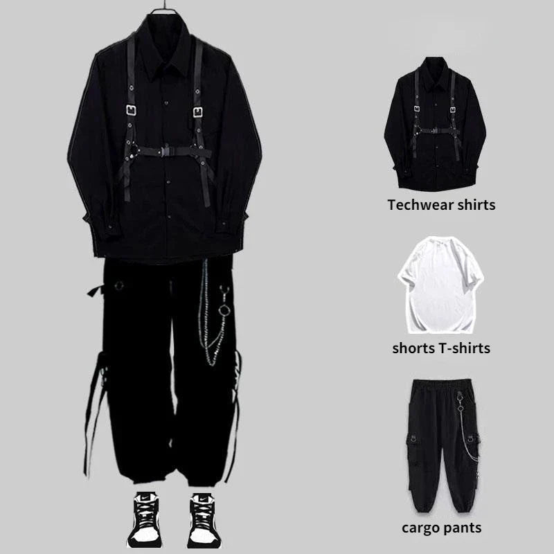 sanyamk Techwear Pant Sets Men Punk 3 Piece Outfits Black Cargo Pants Long Sleeve Shirts Korean Streetwear Hip Hop Spring