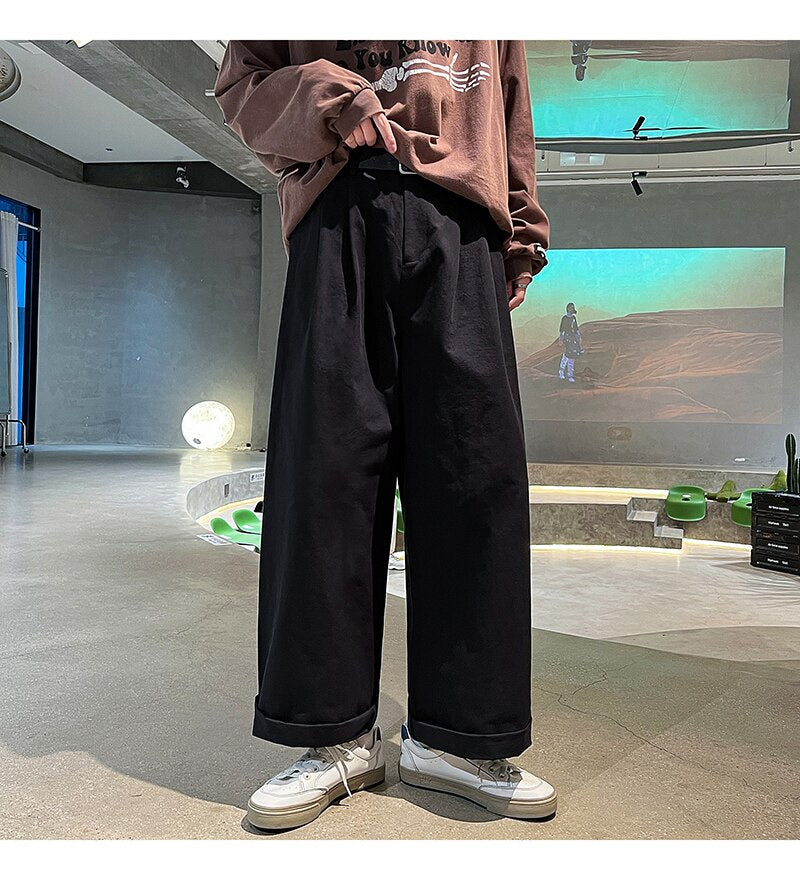 Bonsir Cotton Oversized Casual Pants Men Fashion Loose Wide Leg Pants Men Japanese Streetwear Hip Hop Straight Pants Mens Trousers