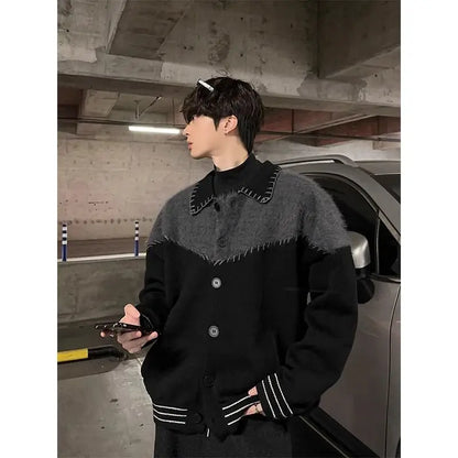 sanyamk Korean retro contrasting color spliced cardigan jacket for men and women autumn and winter new loose knit sweater harajuku