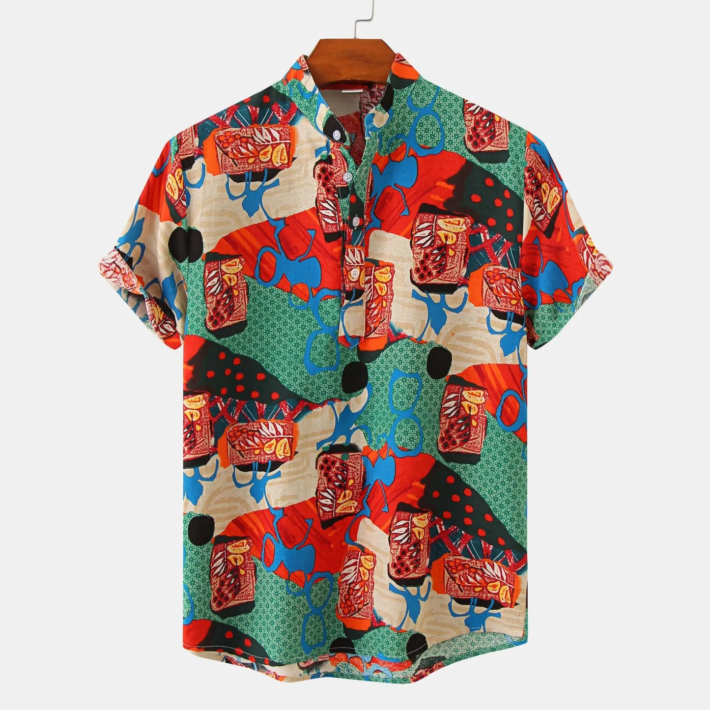 sanyamk Fashion Print Shirt Men Slim Fit Short sleeved stand collar Pullover Summer Beach Style Shirts Tops Mens Clothing Oversize