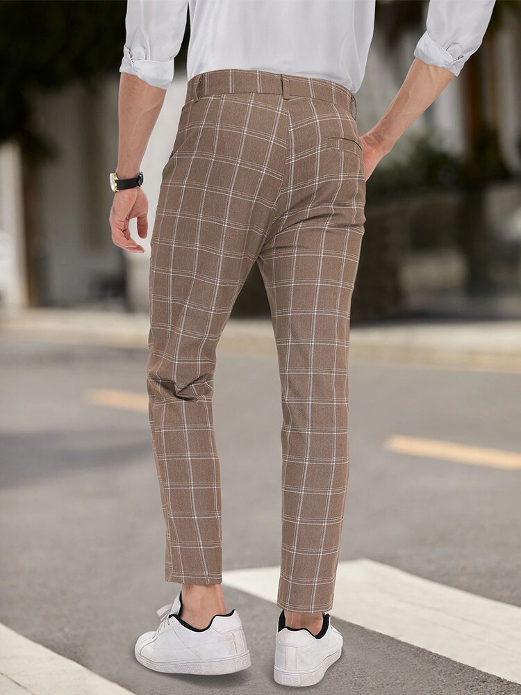 Bonsir Vintage Men Plaid Print Pants Autumn Casual Buttoned Mid Waist Straight Trousers Mens Fashion Striped Long Pant Male Streetwear