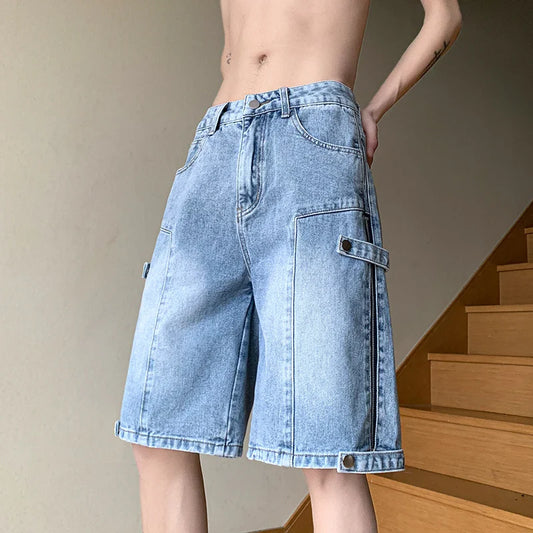 sanyamk Summer High Street Vibe Jeans Fashion Retro Street Stitching Zipper Denim Shorts Street Hip-hop Men Straight Wear White Pants