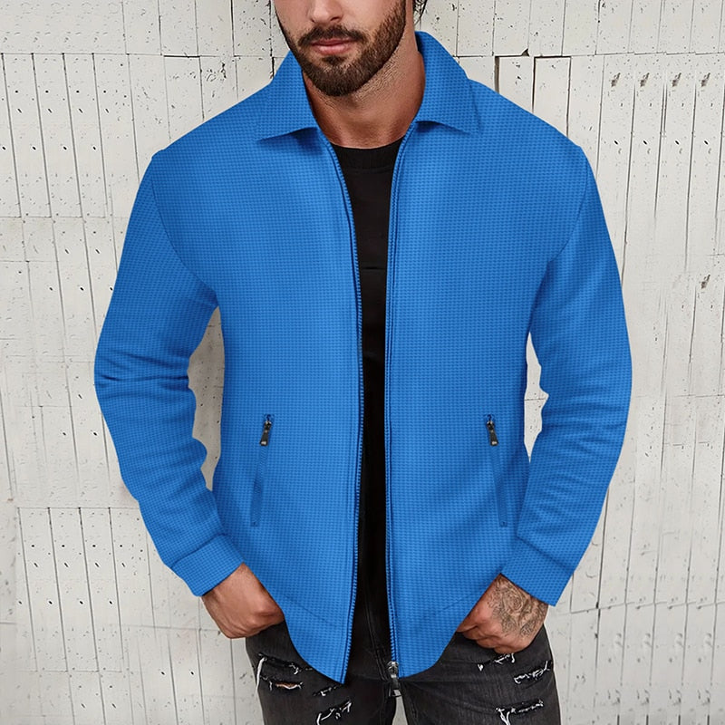 Bonsir Streetwear Zip Coats For Men Clothing Vintage Lapel Collar Solid Jackets Fashion Men Waffle Jacket Autumn Classic Outerwear