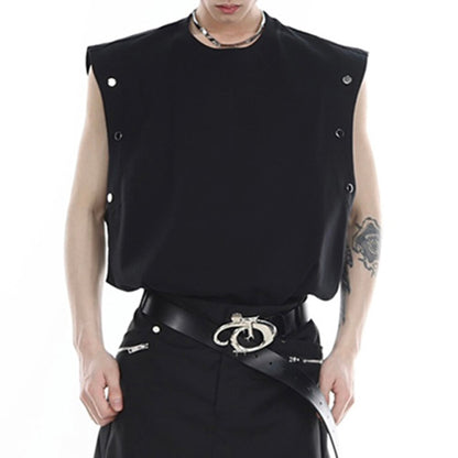 sanyamk Metal Button Design Tank Tops  Men's Vest High Street Solid Male Sleeveless Tshirt Summer O Collar Trend Y2k Studded Loose Tees