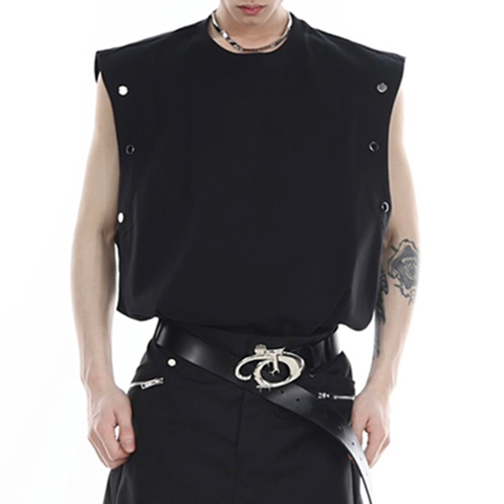 Bonsir Metal Button Design Tank Tops  Men's Vest High Street Solid Male Sleeveless Tshirt Summer O Collar Trend Y2k Studded Loose Tees