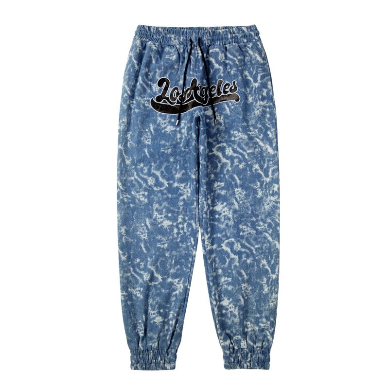 sanyamk Tie Dye Washed Letter Embroidery Drawstring Jeans Pants Men's Retro Streetwear Joggers Sweatpants Oversize Casual Denim Trousers