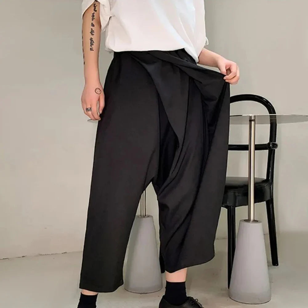 sanyamk Men Double-Layer Irregular Pleated Wide-Leg Pants 2024 New Genderless Dark Style Retro Loose Solid Color Nine-Point Pants Unisex