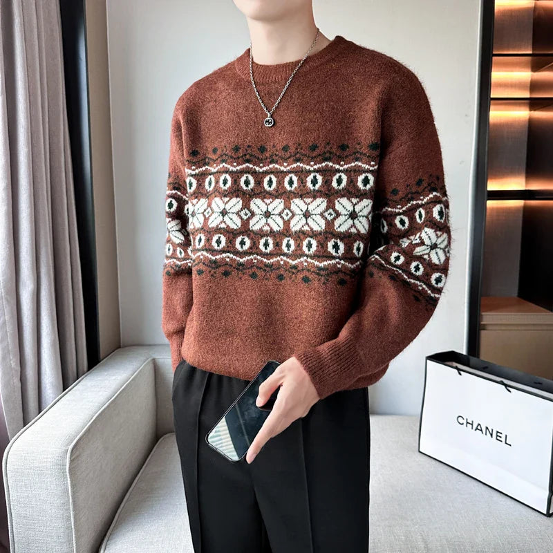 Bonsir Autumn Winter Mens Sweaters Coare Wool Vintage Style ClothesKnitted Floral Casual Jumper Long Sleeve Thick Warm Pullovers