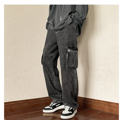 sanyamk 4 Colors Baggy Cargo Jeans Men Fashion Casual Pocket Jeans Men Streetwear Hip Hop Loose Straight Denim Pants Mens Trousers M-2XL