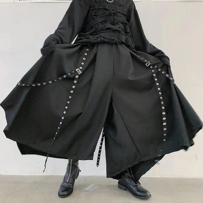 Bonsir Men Ribbon Dark Black Wide Leg Pants Male Women Japan Streetwear Punk Gothic Harem Trousers Kimono Skirt Pants