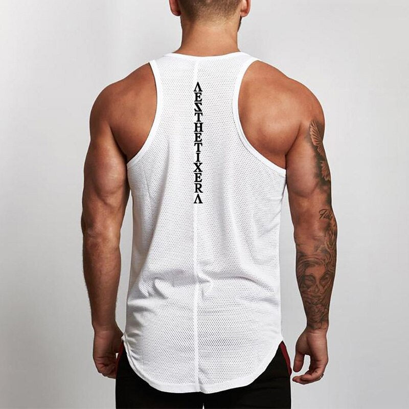 sanyamk Mens Fitness Mesh Tank Tops Gym Clothing Bodybuilding Workout Cotton Sleeveless Vest Male Casual Breathable Fashion Undershirt