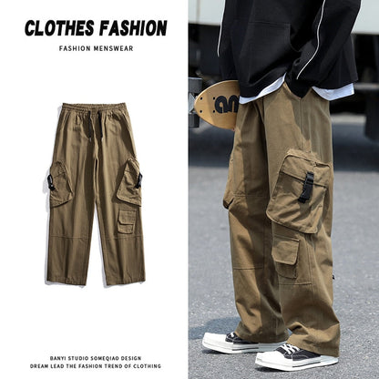 Bonsir Baggy  Large Pocket Cargo Pants Men Khaki Cargo Trousers Neutral Vintage Loose Casual Autumn Japanese Streetwear Hip Hop Pant