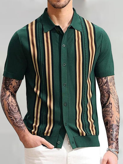 sanyamk Summer Short Sleeve Knitted Polo Shirt Casual Men Button-up Turn-down Collar Tops Mens Fashion Striped Polos Man Streetwear