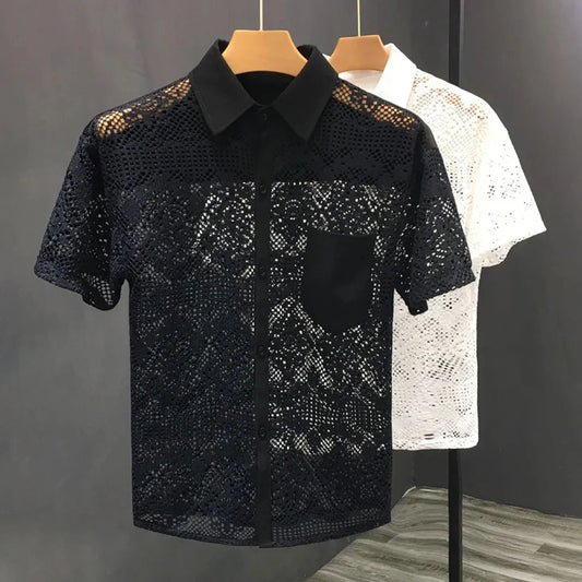 sanyamk Mens Hollow Sexy Lace Short Sleeve Casual Shirt See-Through 2024 New Genderless Fashion Versatile Youth Trend Retro Shirt Unisex