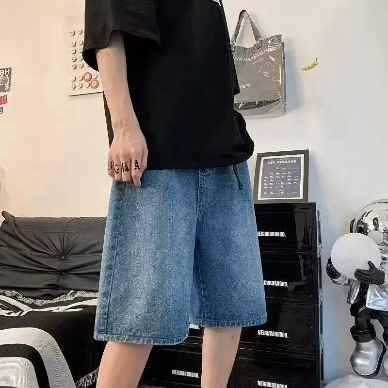 sanyamk Mens Y2k Casual Sports Denim Shorts 2024 Spring Summer New Genderless Streetwear Simple Solid Color Loose Jeans with Belt Unisex