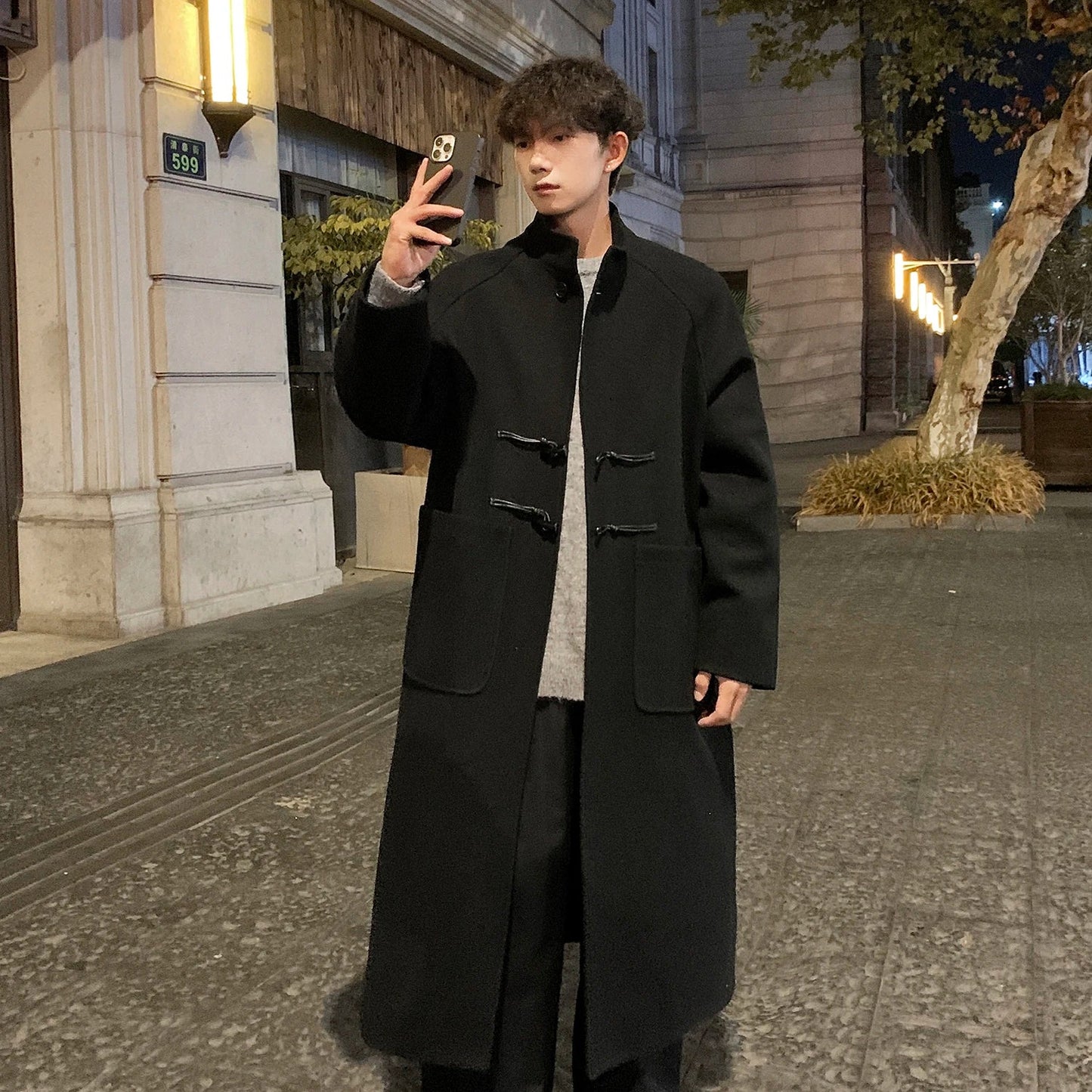 sanyamk Autumn Winter Men Horn Button Woolen Coat Mid Length Stand Collar Trench Coat Solid Color Big Pocket Overcoat Streetwear