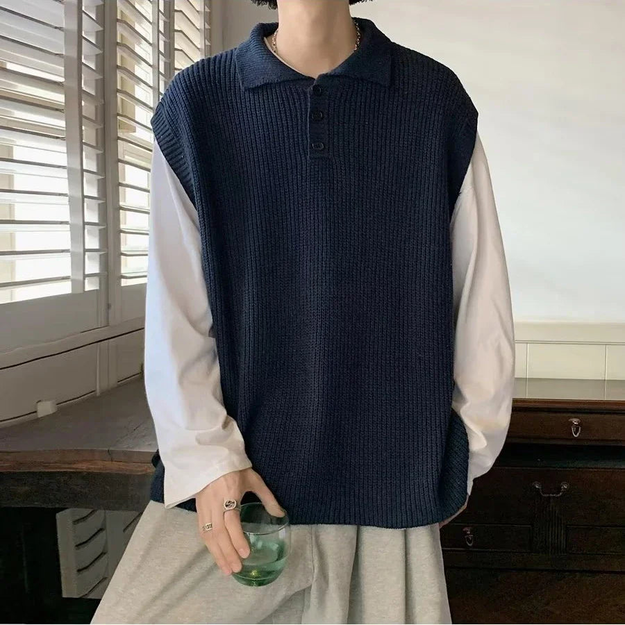 Bonsir Turn-down Collar Sweater Vest Men Loose Japanese Style Retro Hipster Simple All-match Sleeveless Streetwear Handsome Leisure