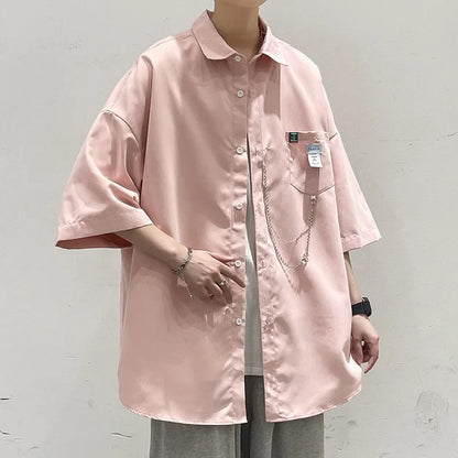 sanyamk Summer Men'S Short-Sleeved Shirt Oversized Korean Version Of The Top Chain Pendant Harajuku Streetwear Men'S Shirt Men