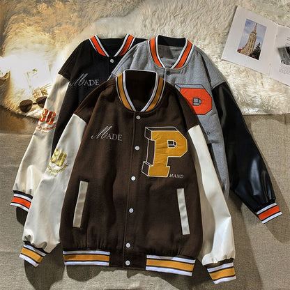 sanyamk Letter single-breasted jacket hip-hop retro fashion stitching embroidery loose casualbaseball uniform couple sale top