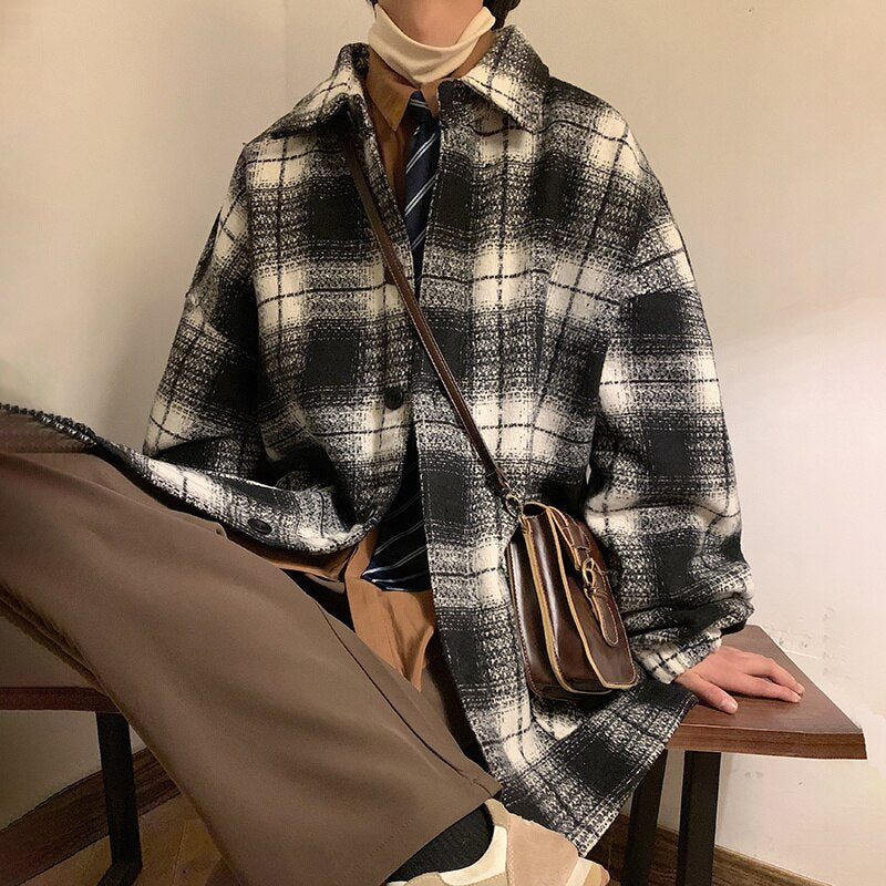 Bonsir Winter Thicke Woolen Coat Men Warm Fashion Retro Plaid Woolen Jacket Men Korean Loose Thick Short Woolen Coat Mens Jackets M-2XL