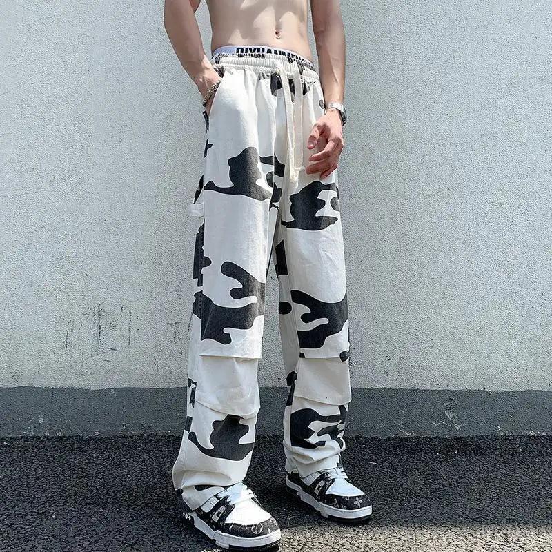 sanyamk American Trend Vintage Summer Casual Cargo Pants Men Print Elastic Waist Drawstring High Street Loose Straigh Wide Leg Trousers