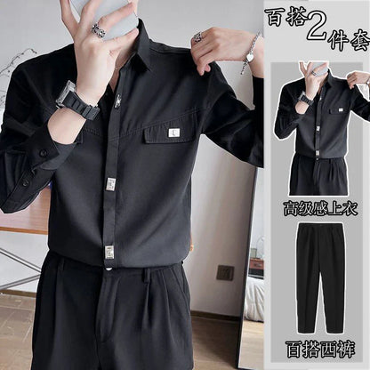 sanyamk Spring Autumn Polo-neck Solid Color Long Sleeve Shirt Male Black Casual Fashion Pants Set Men All-match Cardigan Blouse Trousers