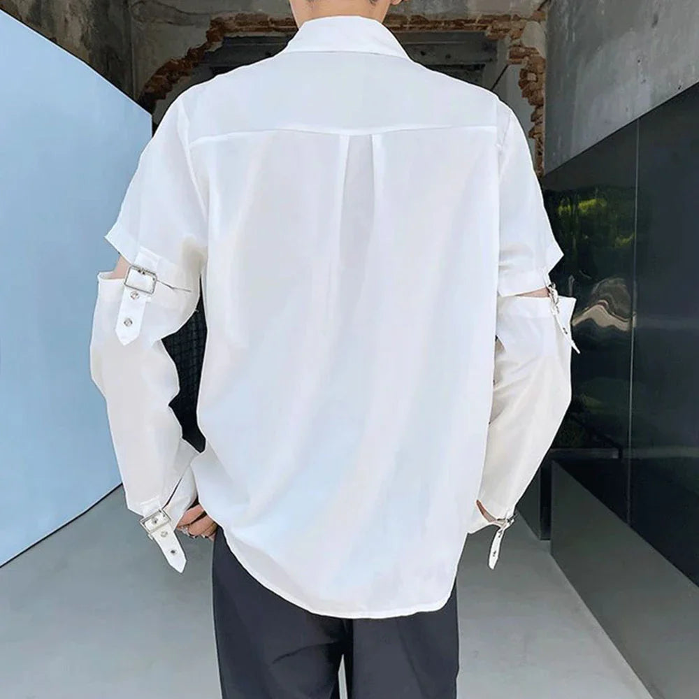 sanyamk Mens Y2k Spliced Casual Long-Sleeved Shirt 2024 New Genderless Functional Personality Solid Color Loose Hand Strap Top Unisex