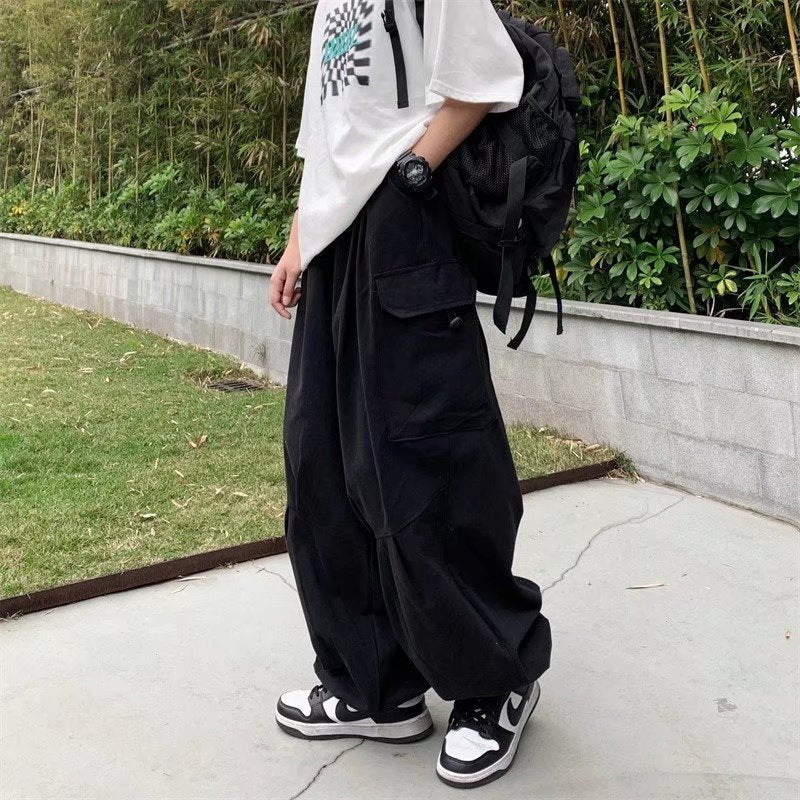 Bonsir Solid Cargo Pants for Men Vintage Loose Straight Trousers Male Casual Harajuku Streetwear Hip Hop Japan Style Fashion