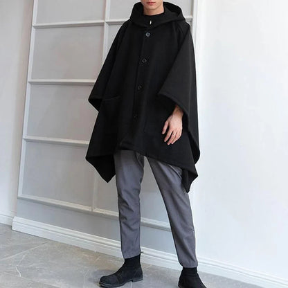 sanyamk Mens Dark Style Mid-Length Casual Hooded Cape Autumn And Winter Genderless Fashion Retro Loose Solid Color Shawl Cape Unisex