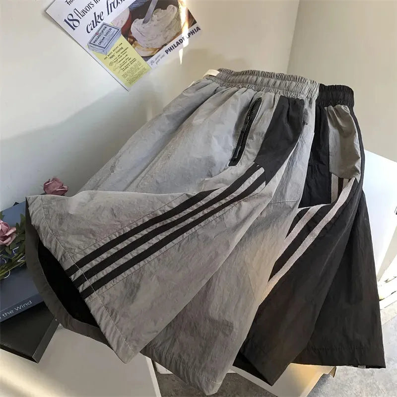 Bonsir Striped Shorts Women Summer Streetwear Thin Loose Wide Leg Shorts Bf Korean High Waist Couple Oversized Sports Shorts New