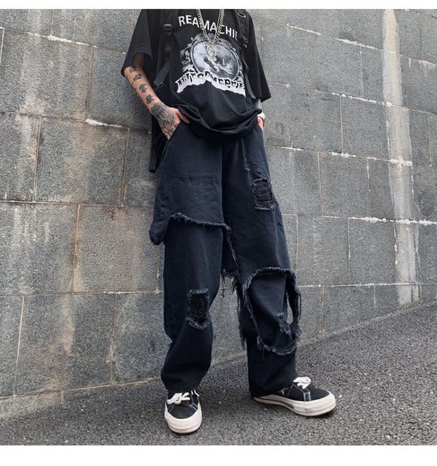 Bonsir High Street Dark Personality Destroys Raw Edge Fake Two Trendy Jeans Ripped Harajuku Punk Wide-leg Straight Denim Pants Black