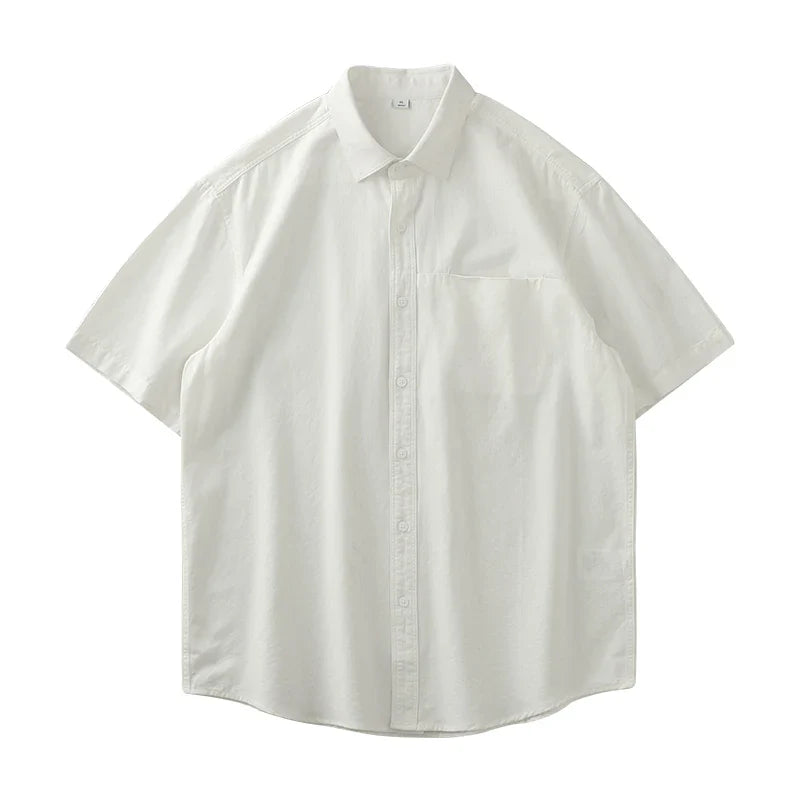 sanyamk Cotton Shirt Short-Sleeved Men's Summer Tide Senior Sense of Retro Inch Shirt Solid Color White Shirt