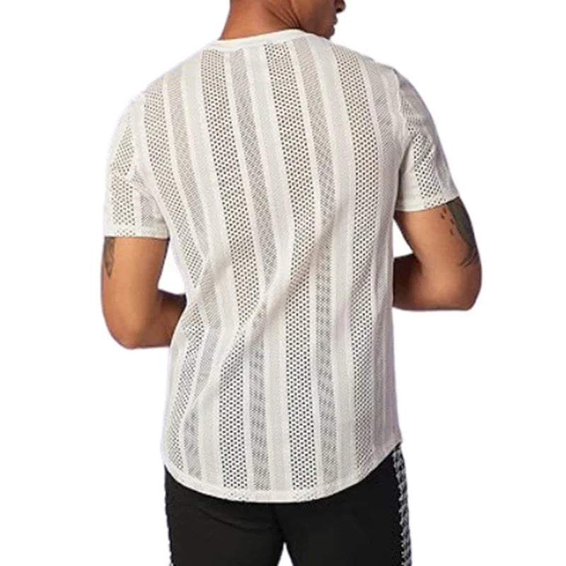 sanyamk 2024 Spring Summer Mens Casual Mesh Tops Short Sleeve O Neck Hollow Out T Shirts Fashion Solid Color See Through Breathable Top