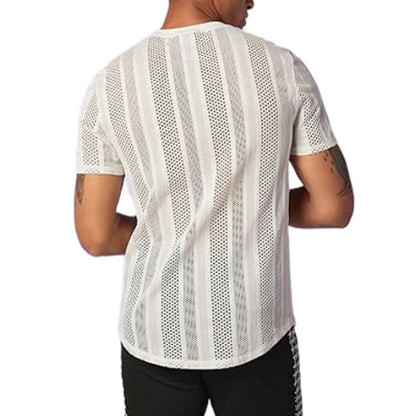 sanyamk 2024 Spring Summer Mens Casual Mesh Tops Short Sleeve O Neck Hollow Out T Shirts Fashion Solid Color See Through Breathable Top