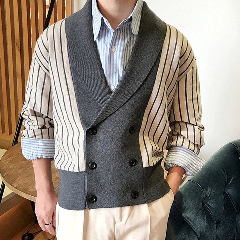 sanyamk Vintage Turn-down Collar Double-breasted Sweater Cardigans Men Winter Fashion Striped Patchwork Blazer Jackets For Mens Knit Top