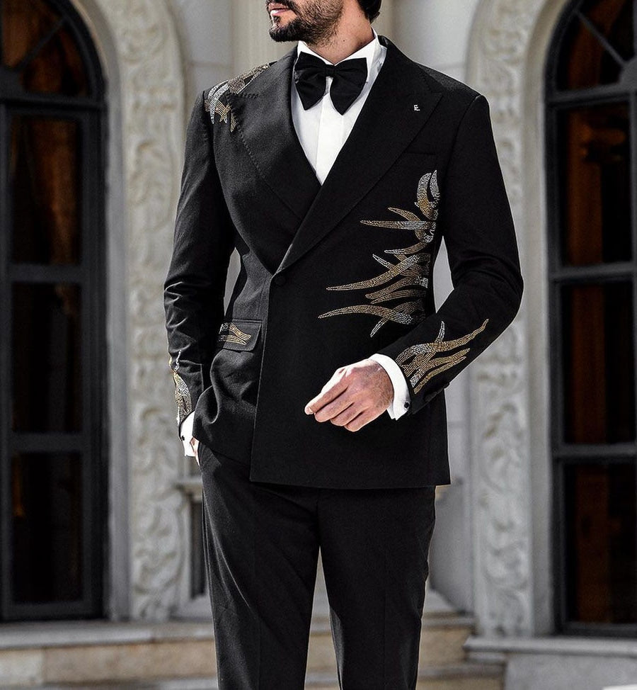 sanyamk Black Handsome Business Men Suits With Beads Handmade Two Pieces Jacket Pants Custom Made Designer Wedding Formal Occasion