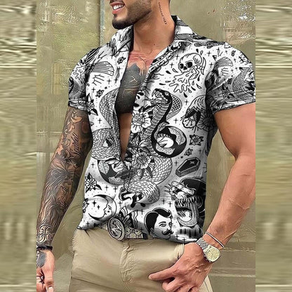 Bonsir Fashion Skull Printed Short Sleeve Shirts Men's Beach Clothes Summer Casual Button-up Lapel Shirt Tops Men Streetwear Shirt