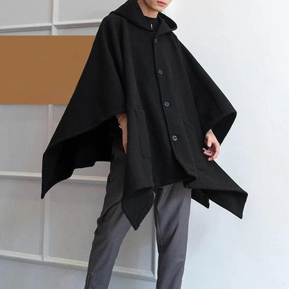 sanyamk Mens Dark Style Mid-Length Casual Hooded Cape Autumn And Winter Genderless Fashion Retro Loose Solid Color Shawl Cape Unisex