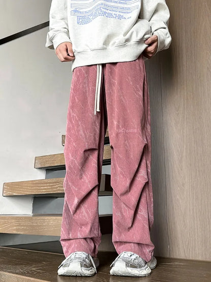 Bonsir Corduroy Parachute Pants Men Pink Wide Leg Trousers Male Streetwear Hip Hop Harajuku Loose Casual Japanese Sweatpants