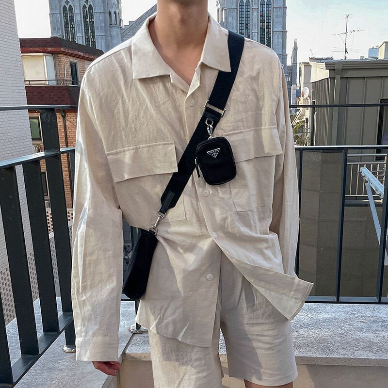 sanyamk Summer Men's Suit Solid Color Two-piece Sets Lapel Long Sleeve Shirt Elastic Waist Shorts 2023 Korean New Fashion