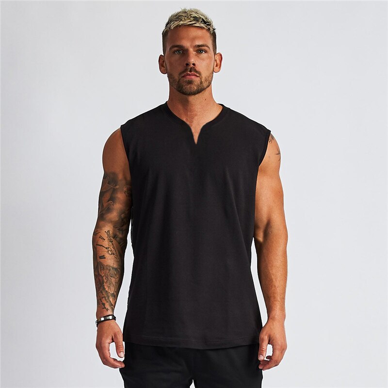 sanyamk Summer Plain Cotton Fitness Mens Gym Tank Top Curved Hem V neck Gym Stringer Vest Bodybuilding Clothing Muscle Sleeveless Shirt